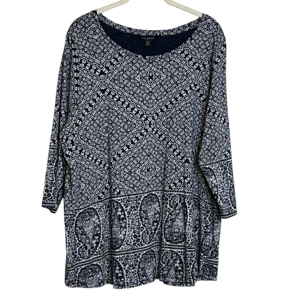 Lucky Brand Womens Knit Top Size 2X Navy Blue Abstract Print Cotton Modal